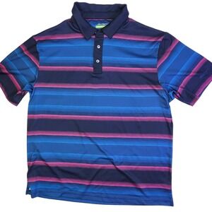 Greg Norman Performance Polo Shirt Men's L Blue Pink Stripe Golf Athletic Retro